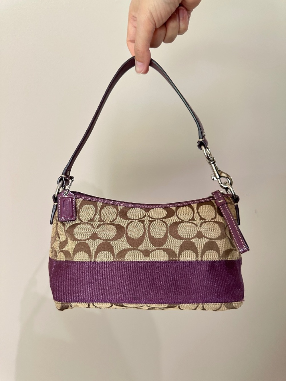 Coach Signature Mini Demi Satchel Stripe Top Handle Purse Khaki/Purple Y2K 2000s